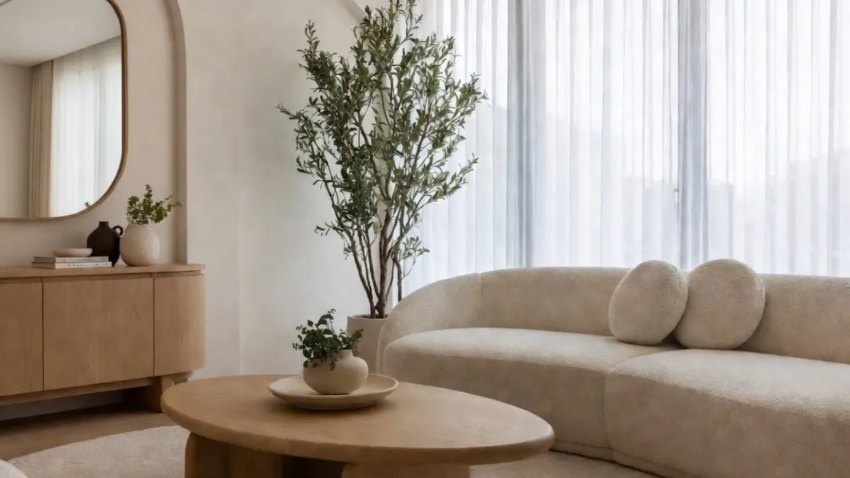 Sala de estar moderna com sofá curvo bouclé, aparador de madeira, espelho orgânico e planta perto da janela