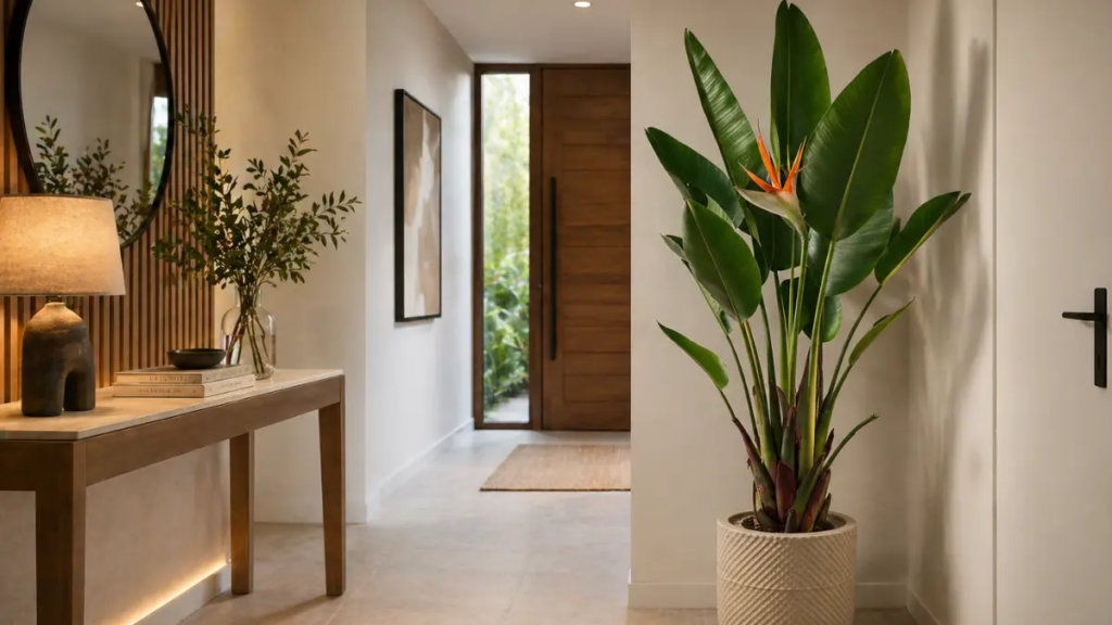Planta Strelitzia Nicolai com folhas grandes e verdes em um vaso minimalista.
