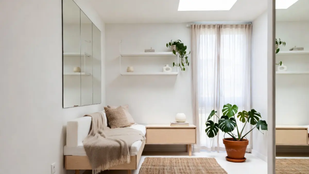 Apartamento estúdio pequeno com sofá claro, prateleiras flutuantes e espelhos para amplitude.