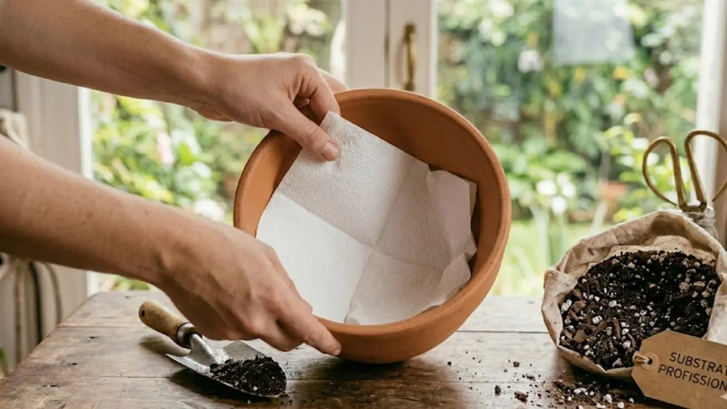 Mãos de um jardineiro colocando uma folha de papel toalha contínua e sem furos no fundo de um vaso de terracota para cobrir os furos de drenagem, como alternativa simples e limpa às pedras tradicionalmente usadas.