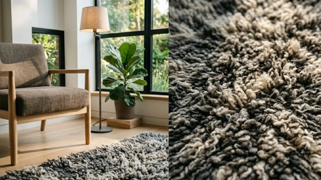 Close-up macro de tapete de lã de ovelha densa em tons creme e cinza ao lado de uma poltrona de madeira com Ficus Lyrata e abajur.