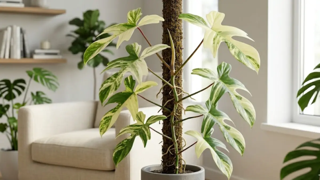 Philodendron Florida Beauty crescendo verticalmente em um tutor de musgo.