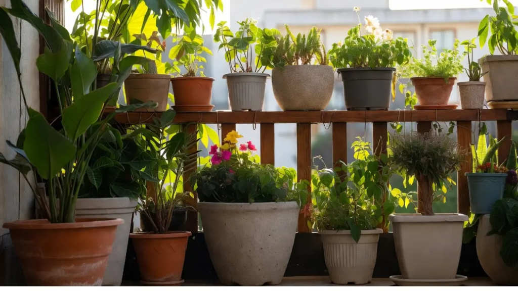 Varanda decorada com mistura de vasos de barro, cimento, plástico e cerâmica com plantas saudáveis