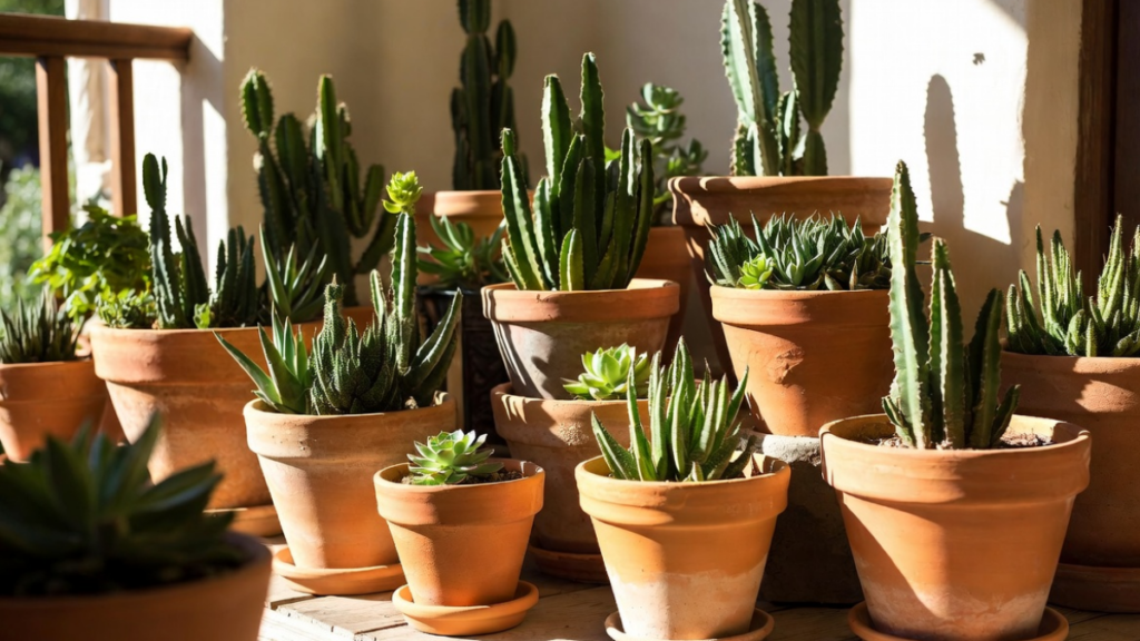 Vasos de barro terracota com suculentas e cactos – material poroso ideal para plantas que preferem solo mais seco