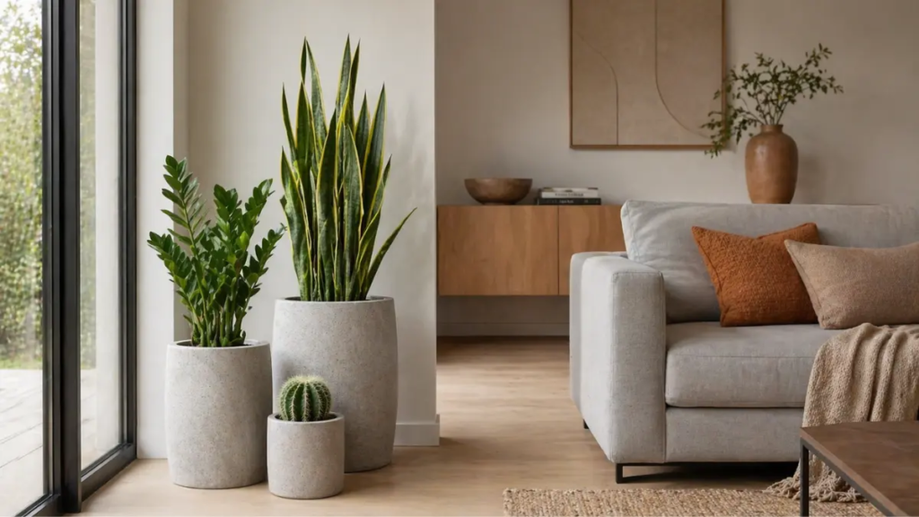 Sala de estar minimalista com trio de vasos de concreto e plantas Espada de são jorge, zamioculca e cacto.