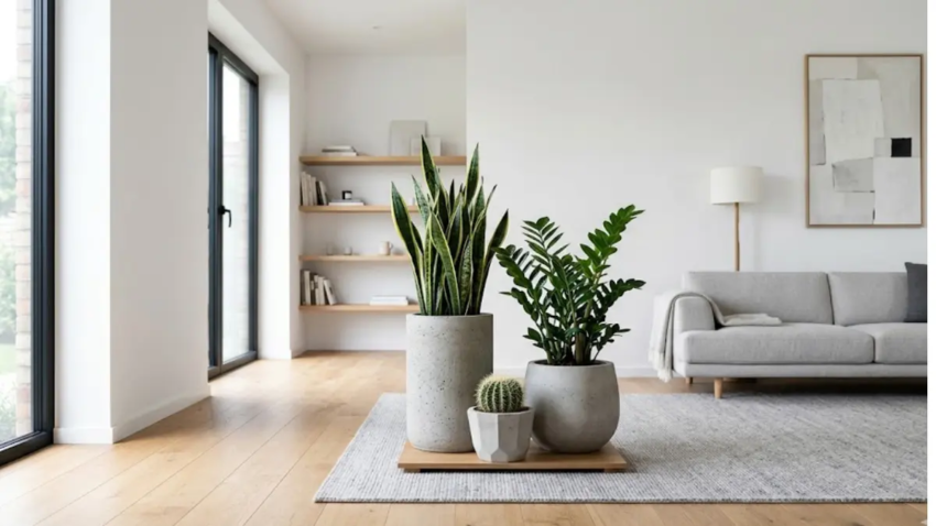 Sala de estar minimalista com trio de vasos de concreto e plantas variadas.