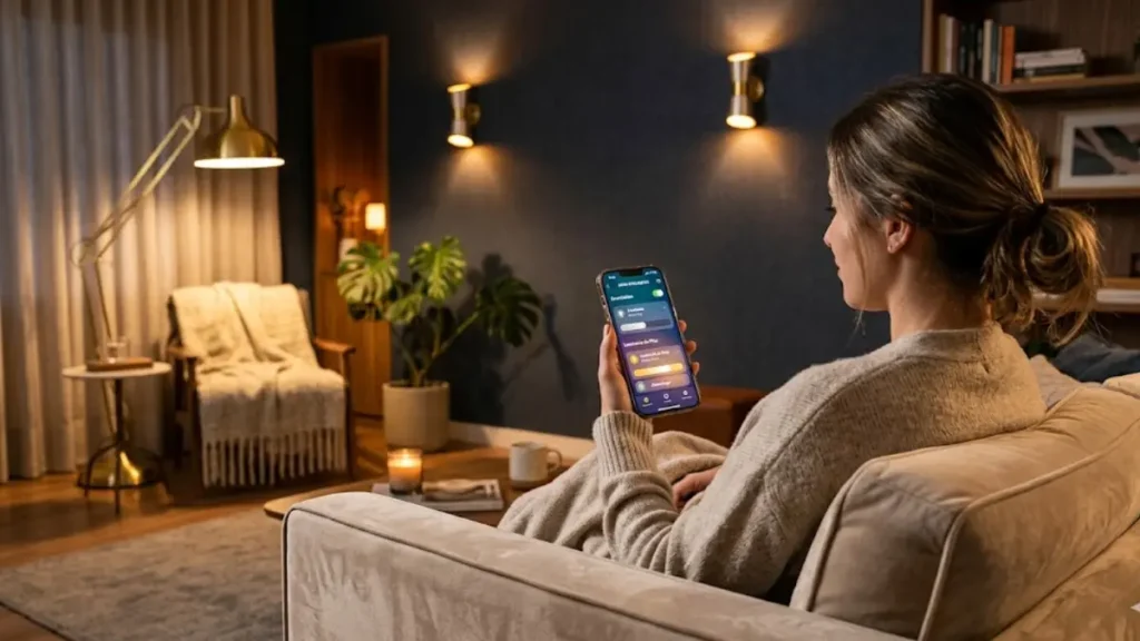 Mulher controlando a intensidade da iluminação em camadas da sala de estar através de aplicativo no celular.