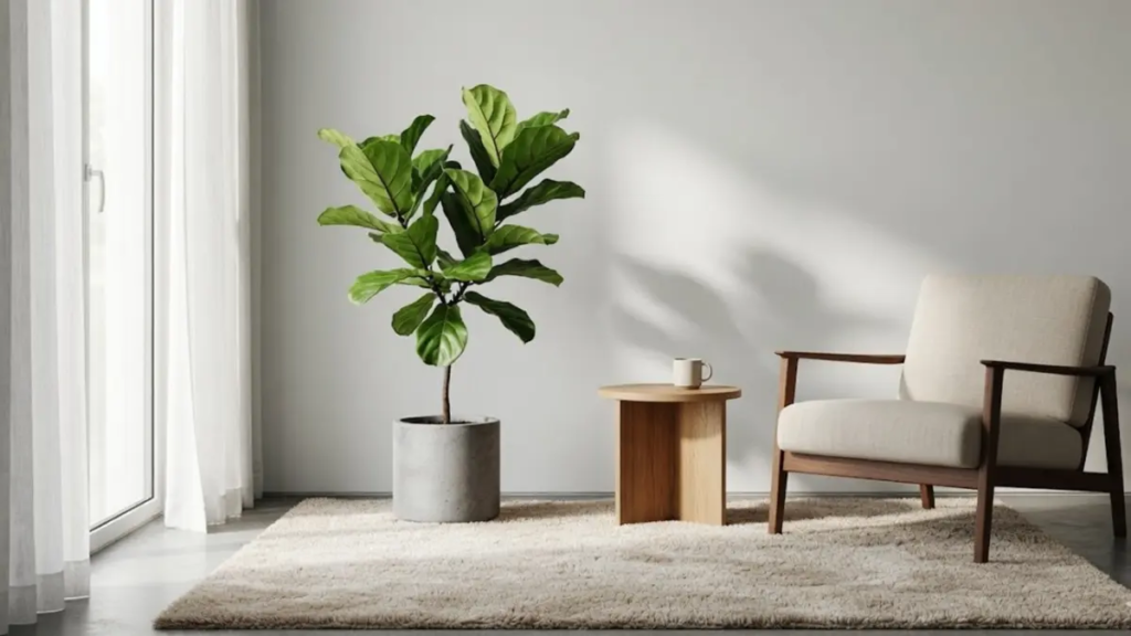 Canto de sala iluminado com planta Ficus Lyrata em vaso de concreto e parede cinza clara, destacando a biofilia minimalista.