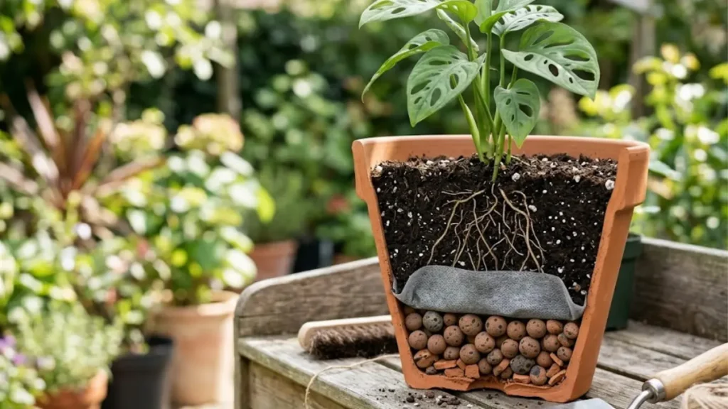 aso de cerâmica cortado ao meio mostrando a estrutura de drenagem interna correta com uma camada inferior de argila expandida, uma manta de tecido cinza acima e o substrato solto com as raízes de uma planta no topo.
