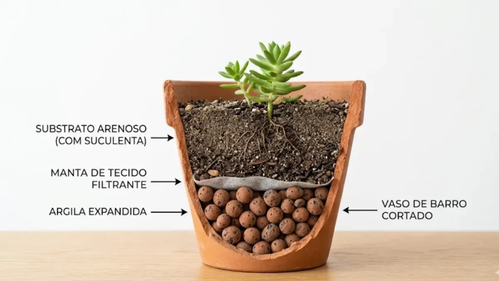 Esquema didático mostrando argila expandida e manta de drenagem em vaso para suculentas.