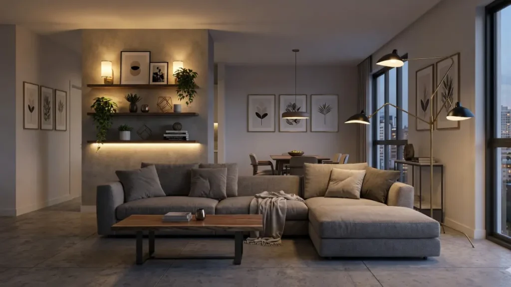 Sala de estar moderna com combinação harmoniosa de arandelas na parede e luminária de piso articulada.