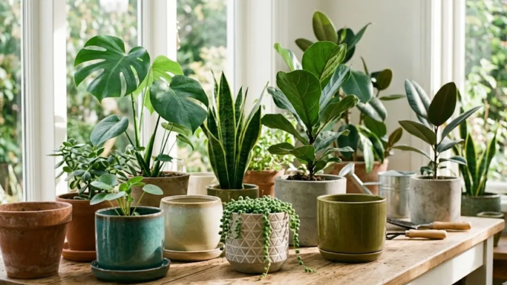 Coleção de vasos de cerâmica e barro com plantas verdes em ambiente iluminado.