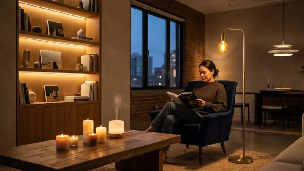 Mulher lendo em poltrona com iluminação aconchegante e camadas de luz quente na sala.