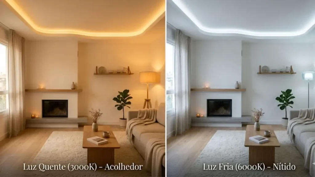 Imagem comparativa dividida ao meio mostrando o mesmo ambiente minimalista com iluminação de luz quente à esquerda e luz fria à direita.