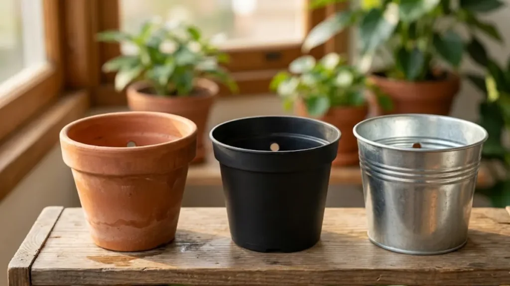 Três vasos vazios alinhados sobre uma bancada de madeira sob a luz do sol: um vaso de terracota poroso, um vaso de plástico preto impermeável e um vaso de metal galvanizado.