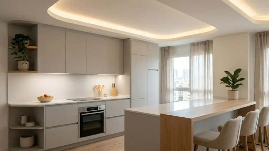 Cozinha minimalista moderna com armários planejados cinza claro e iluminação neutra embutida no teto.