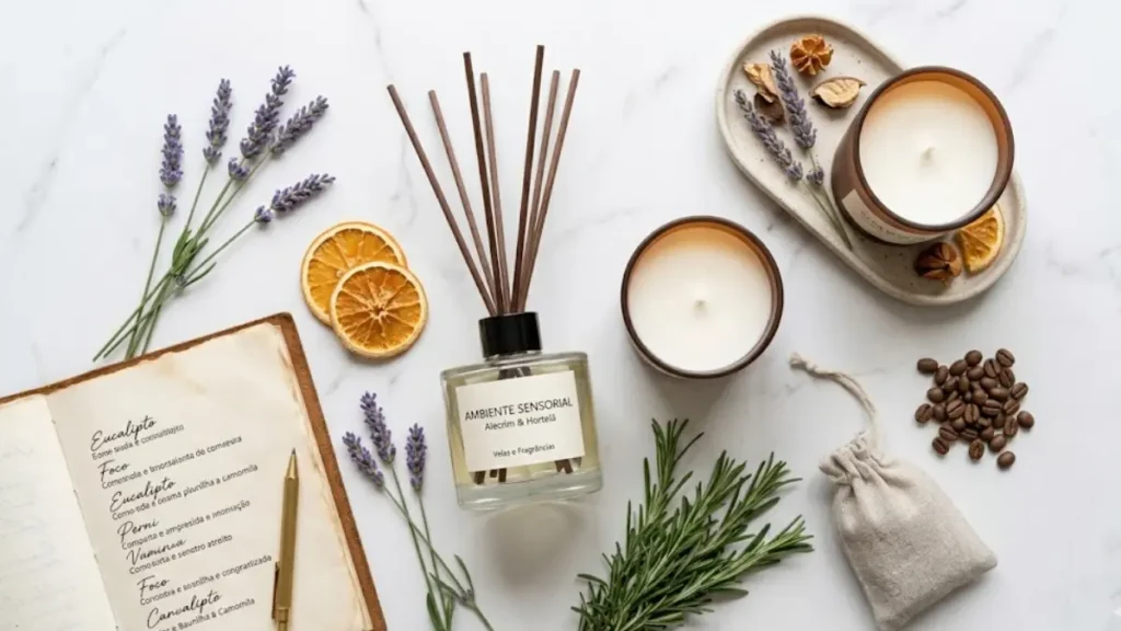 Vista superior em estilo flat lay de difusor de varetas, velas, ramos de alecrim, lavanda e laranjas secas sobre mármore branco.