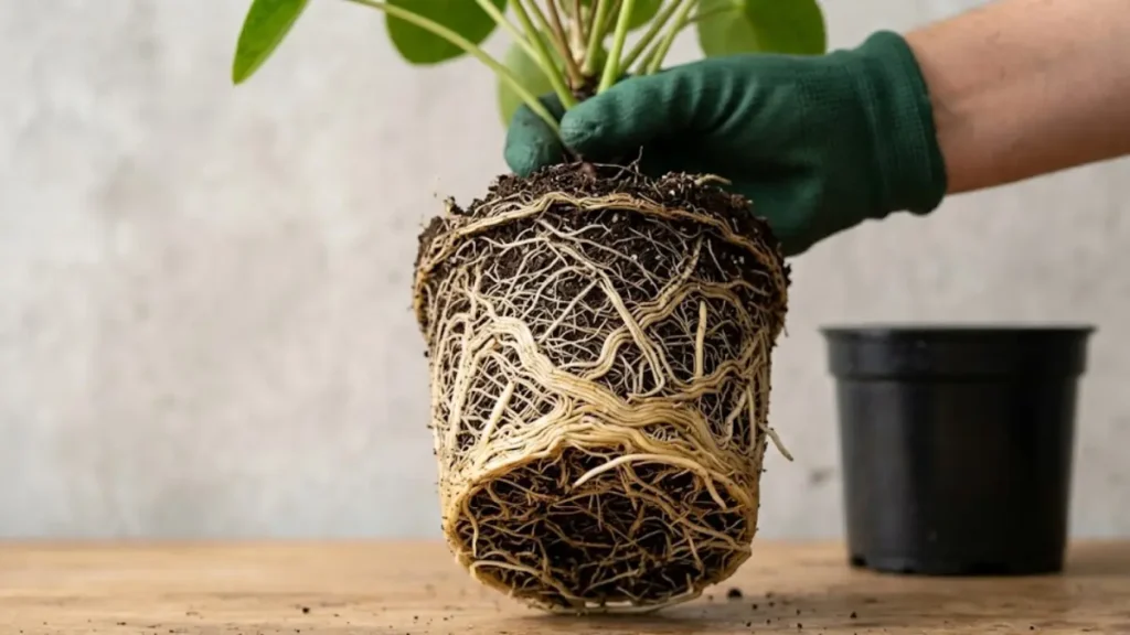 Mão com luva de jardinagem segurando o torrão de uma planta recém-retirada de um vaso pequeno, exibindo uma massa compacta de raízes brancas enroladas em formato espiral.