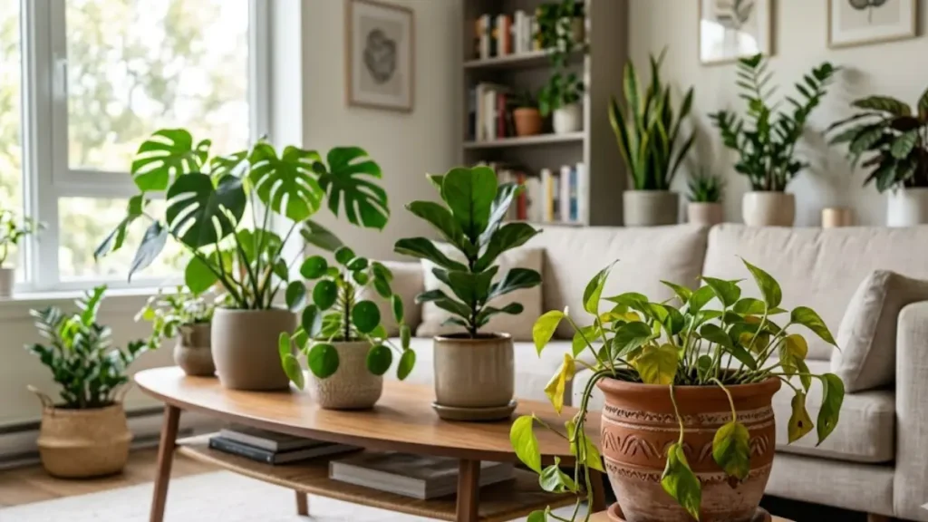 Sala de estar iluminada no estilo urban jungle com vários vasos de plantas saudáveis e, em destaque no primeiro plano, um vaso de terracota com uma planta jiboia apresentando folhas murchas e amareladas.