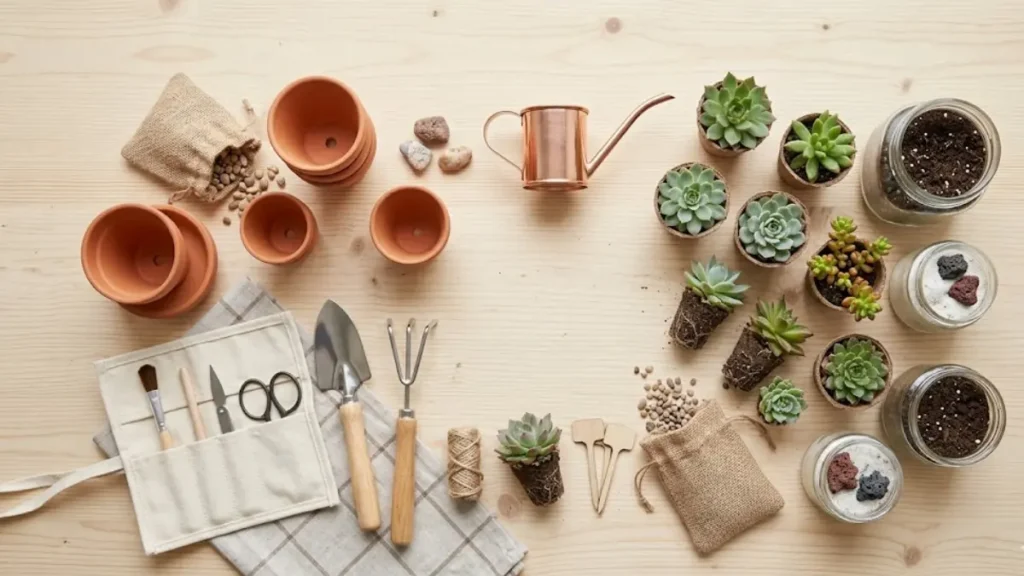 Ferramentas de jardinagem e mudas ao lado de vaso para suculentas cactos e orquideas.