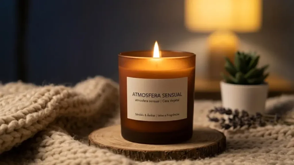 Close-up de uma vela aromática de cera vegetal acesa em copo de vidro fosco com luz quente e fundo aconchegante desfocado.