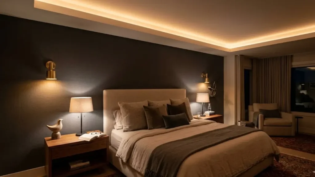 Quarto de casal com iluminação em camadas usando sancas de gesso, arandelas e luminária de piso.
