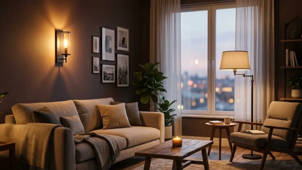 Sala de estar decorada com iluminação em camadas utilizando arandela de parede e luminária de piso ao anoitecer.