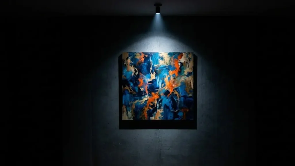 Feixe de luz direcionado destacando quadro abstrato em parede de concreto escurecida.