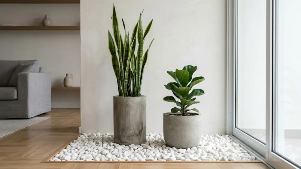 Jardim interno minimalista moderno com Espada de São Jorge e Ficus Lyrata