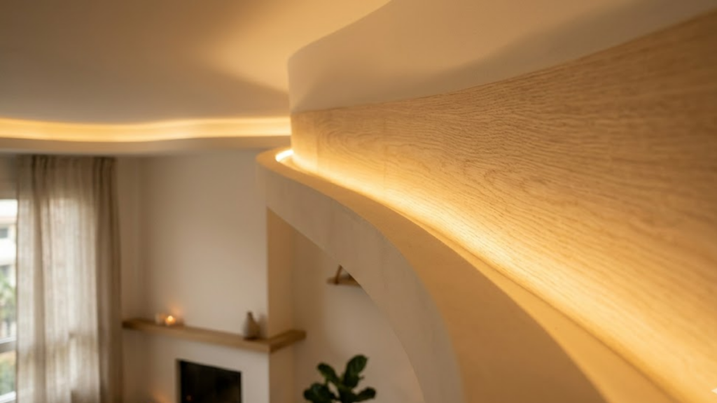 Detalhe de sanca de gesso curva com fita de LED de luz quente embutida iluminando painel de madeira clara.