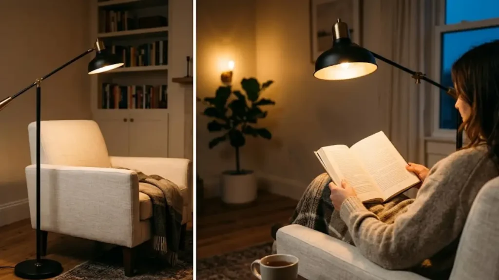 Luminária de piso preta e dourada iluminando poltrona com manta em um canto de leitura aconchegante.