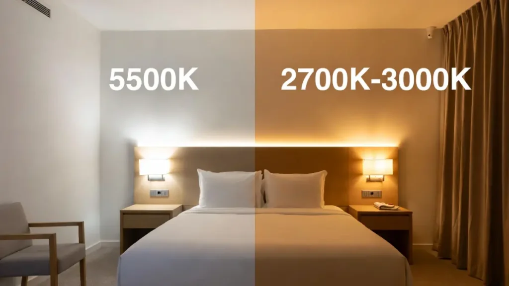 Comparativo de quarto de hotel com luz fria impessoal à esquerda e luz quente aconchegante à direita.
