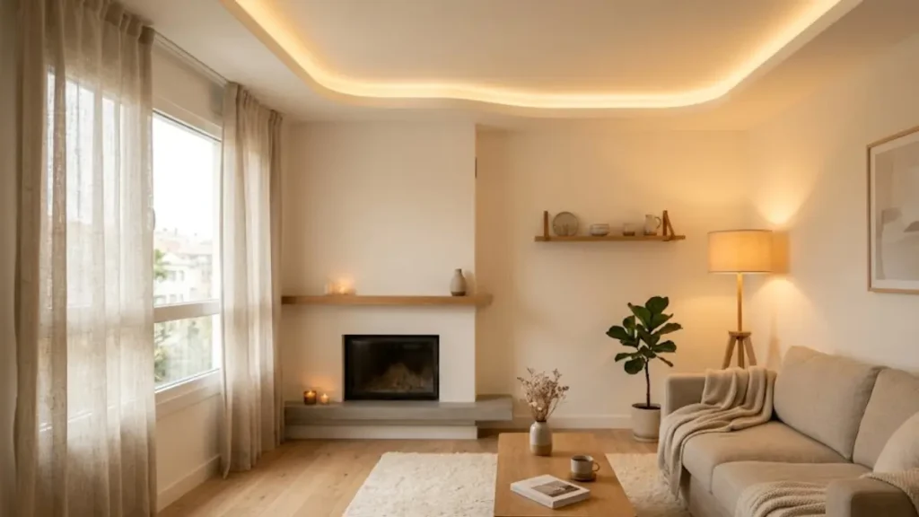 Sala de estar com decoração minimalista acolhedora iluminada por fitas de LED de luz quente e abajur de canto.