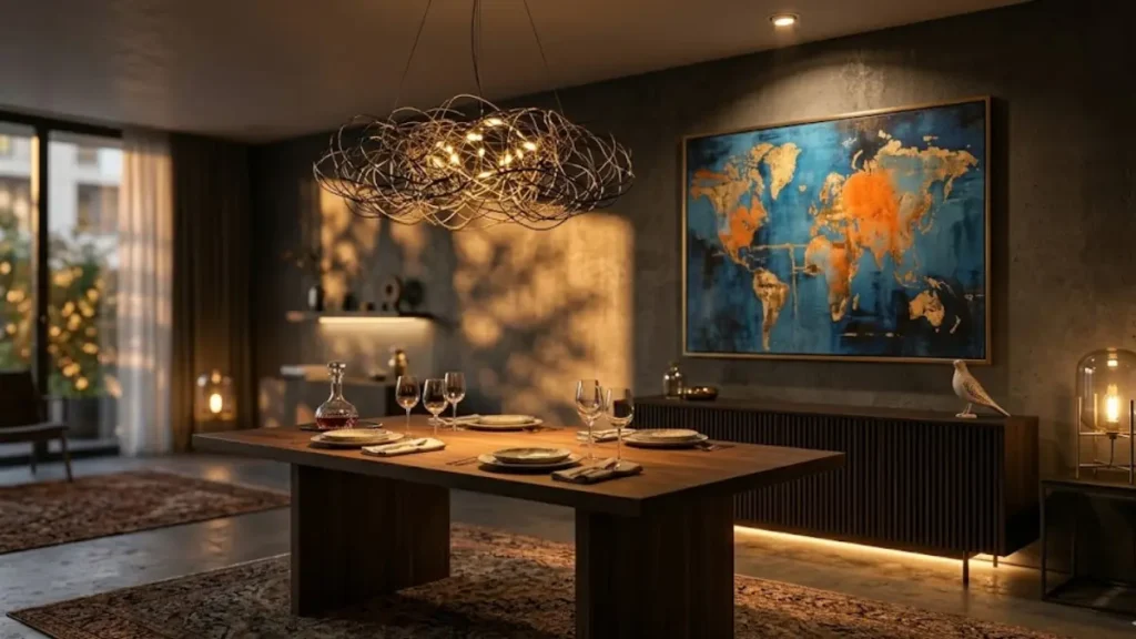 Sala de jantar moderna com lustre pendente sobre a mesa e fita LED embutida no móvel.
