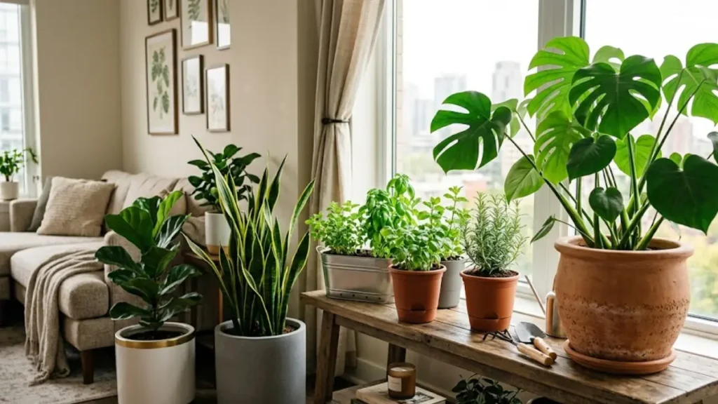 Composição de vários vasos de plantas de interior e hortas urbanas em uma sala de estar moderna e iluminada.