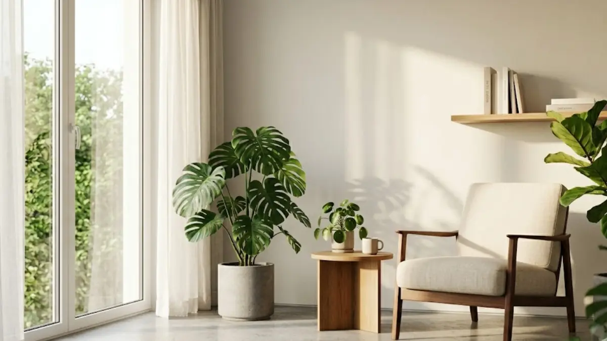 Poltrona aconchegante cercada por plantas Monstera e Pilea em uma sala com luz solar suave e paredes off-white.