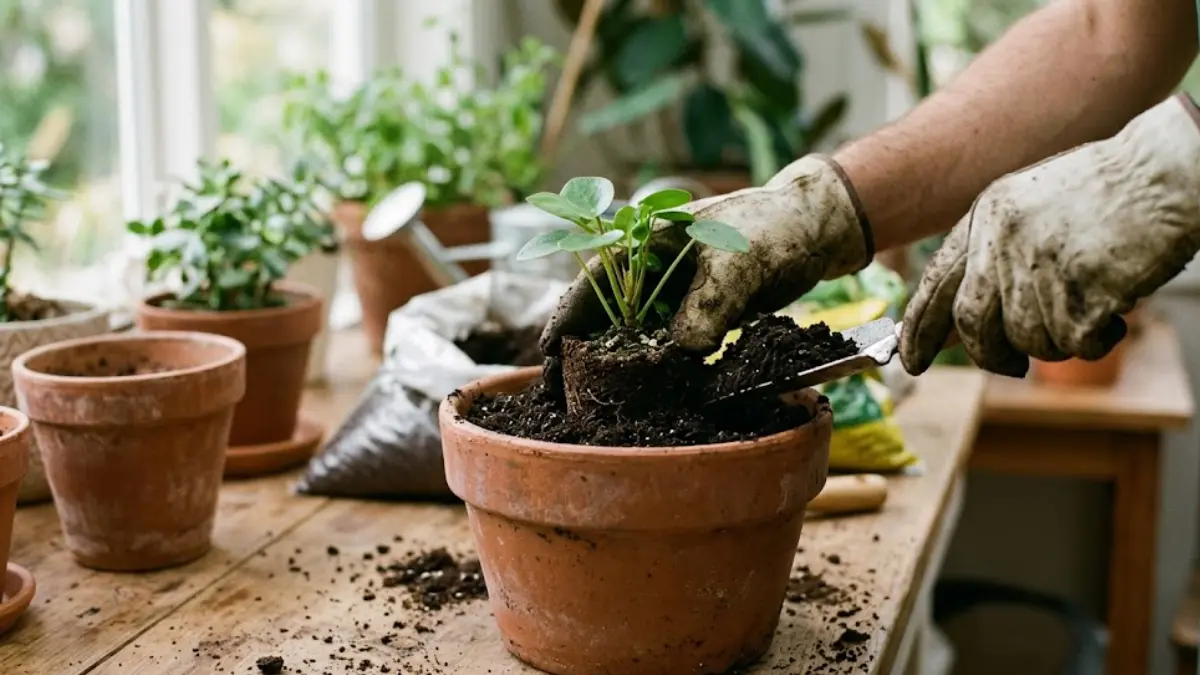 Mãos com luvas de jardinagem colocando uma muda de planta em um vaso de barro com terra nova.