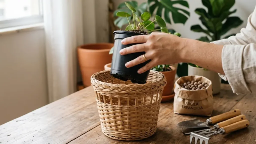 Mãos preparando a drenagem de um vaso de plantas com ferramentas de jardinagem sobre uma mesa de madeira.