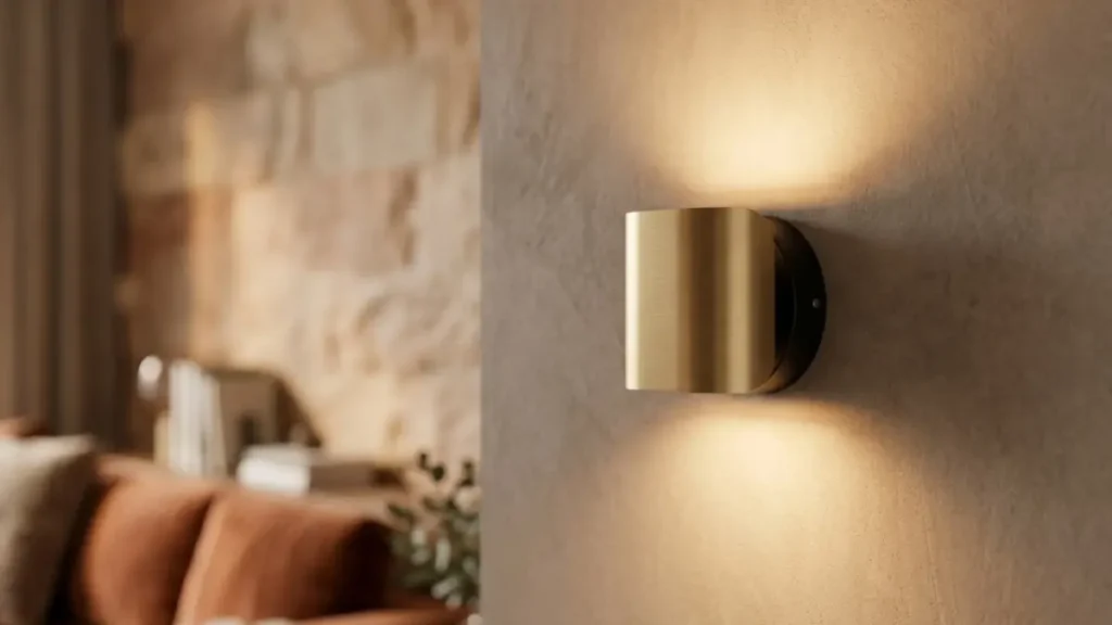 Detalhe de arandela de parede dourada emitindo luz difusa em formato de cone sobre superfície texturizada.