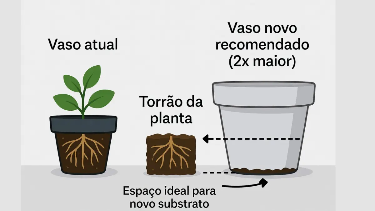 Comparação visual entre o tamanho do torrão da planta e o novo vaso ideal.