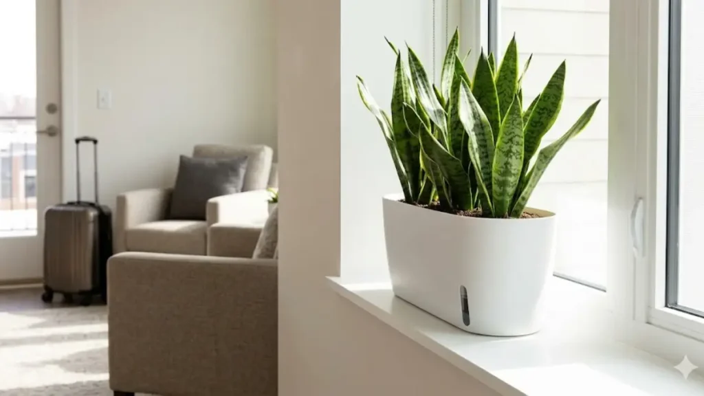 Vaso autoirrigável branco com espada-de-são-jorge na janela de um apartamento com mala de viagem ao fundo.