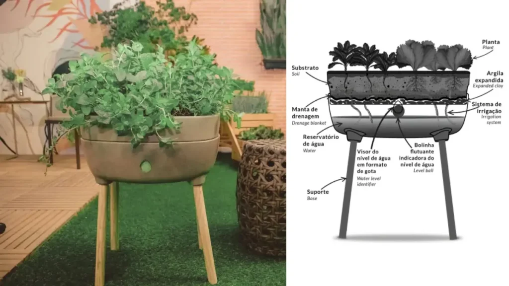 Vaso autoirrigável na cor bege escuro com suporte de madeira num jardim com muito verde e ao fundo um muro da cor telha.