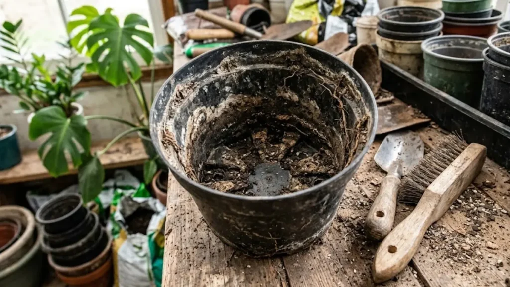 Visão superior de um vaso de plástico antigo e sujo sobre uma mesa de jardinagem, exibindo manchas brancas de salitre e crostas de terra seca de cultivos anteriores.