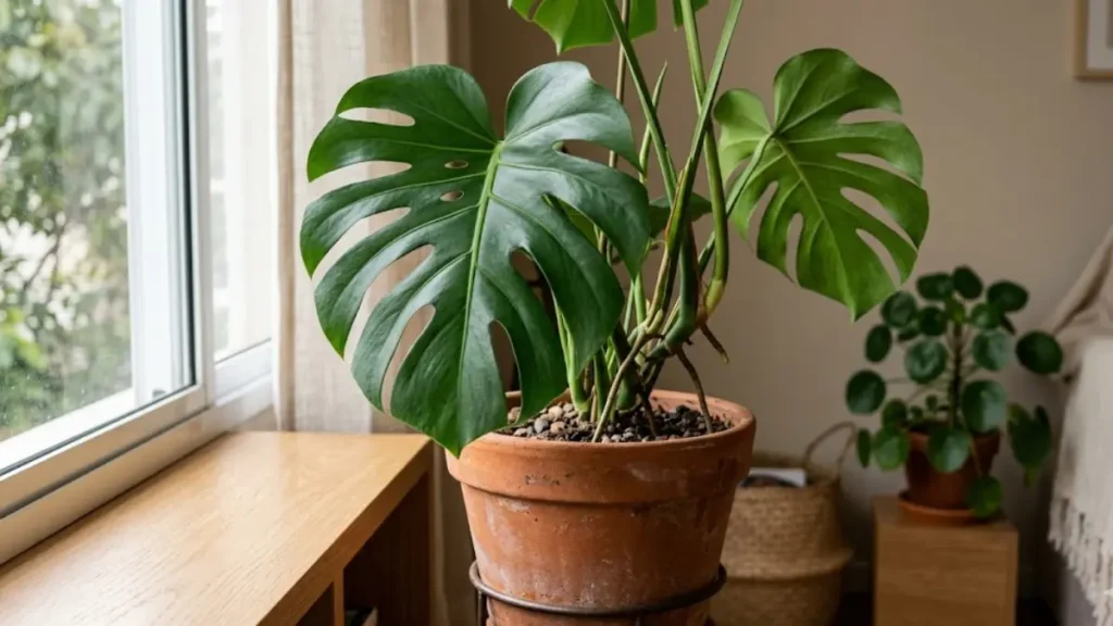 Closeup de uma folha de Monstera Deliciosa vibrante em um vaso de cerâmica terracota rústico.