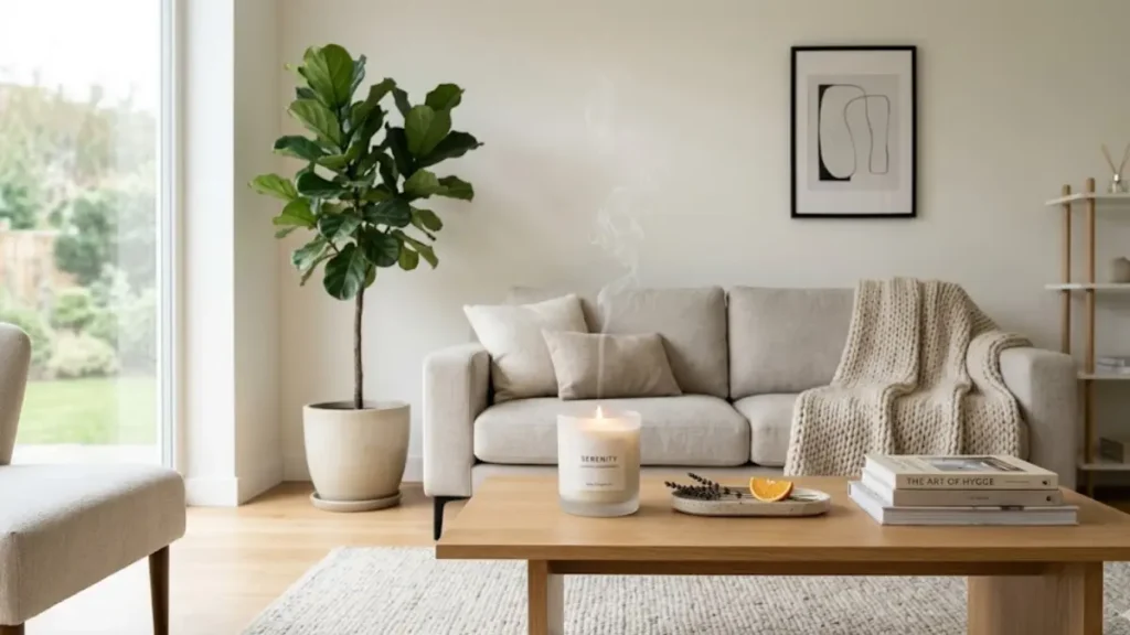Sala de estar minimalista com paleta neutra e uma vela aromática acesa exalando fumaça sutil sobre a mesa de centro.