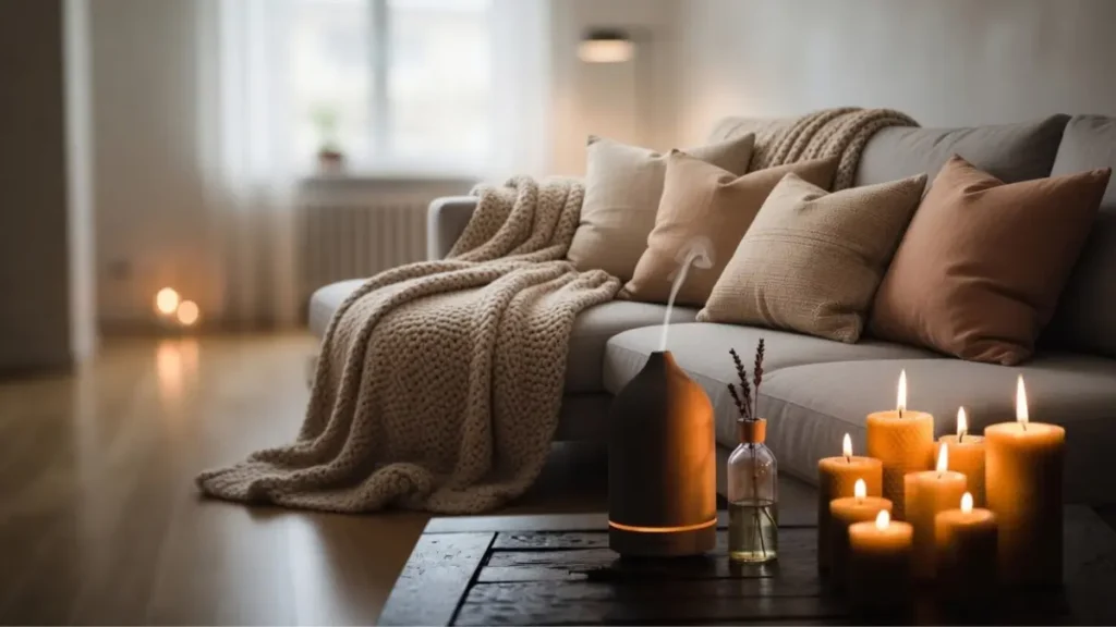Velas acesas próximas a um difusor de aromas cerâmico sobre mesa de madeira escura.