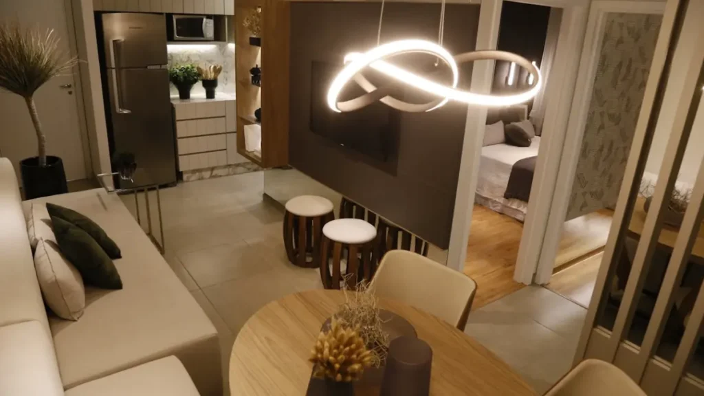 Vista panoramica apartamento detalha:  como iluminaçoes quentes e frias segundo o que o ambiente requer.