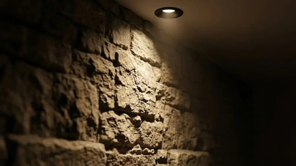 Luminária embutida no teto projetando luz focal para baixo em uma parede de revestimento de pedra rústica.