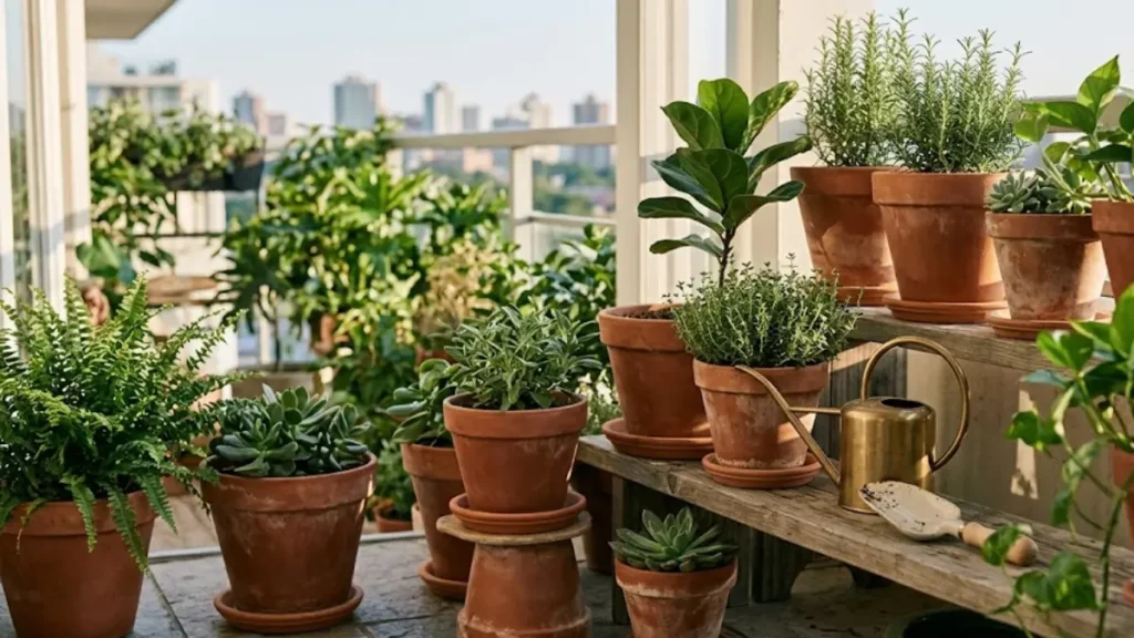 Vasos de plantas de barro terracota organizados em uma varanda ensolarada com plantas verdes exuberantes.