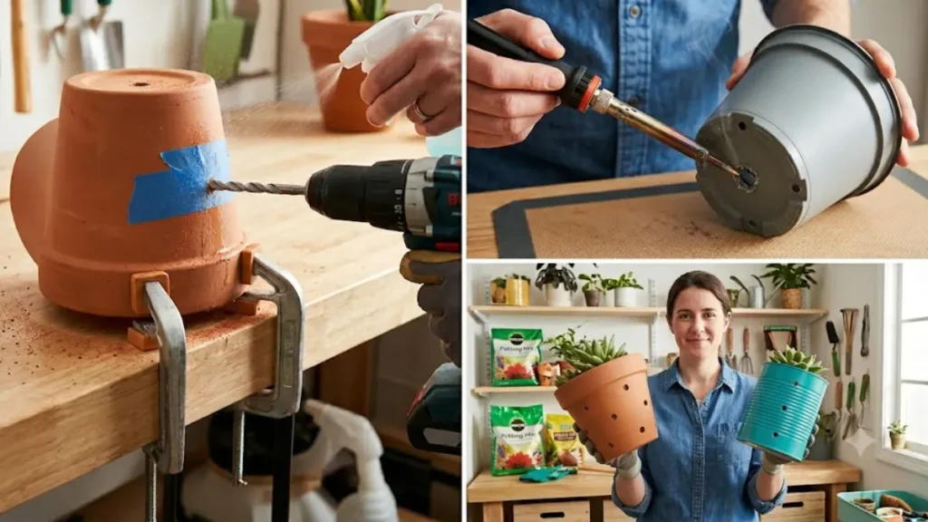 Painel triplo mostrando o processo de furar vaso de cerâmica com furadeira, vaso de plástico com ferro de solda e uma mulher exibindo os vasos finalizados com plantas.